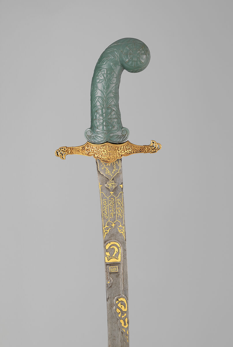 Sword (Kilij), Steel, gold, nephrite, ruby, hilt and guard, Turkish; grip, Indian