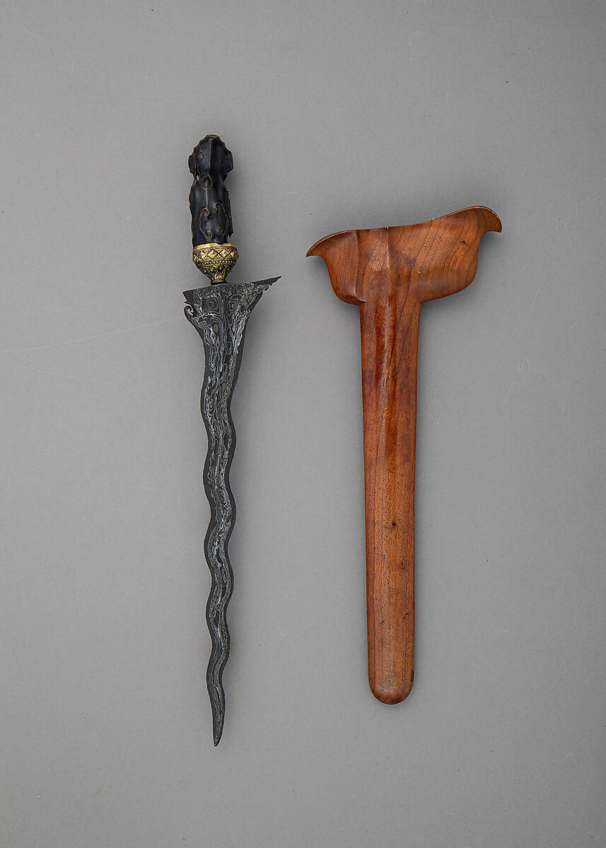 Kris with Sheath, Steel, wood, brass, Javanese
