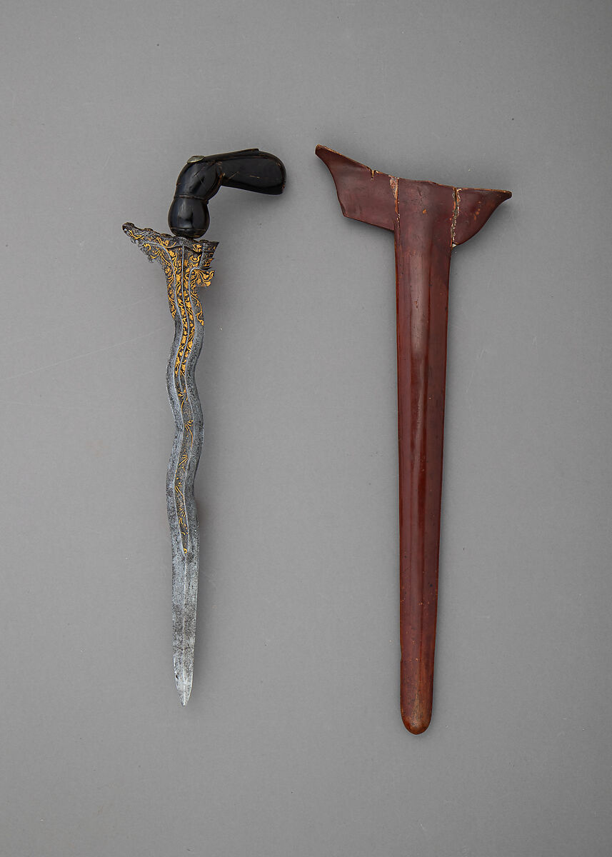 Kris with Sheath, Steel, wood, horn, lacquer, gold, Bornean, scabbard Javanese