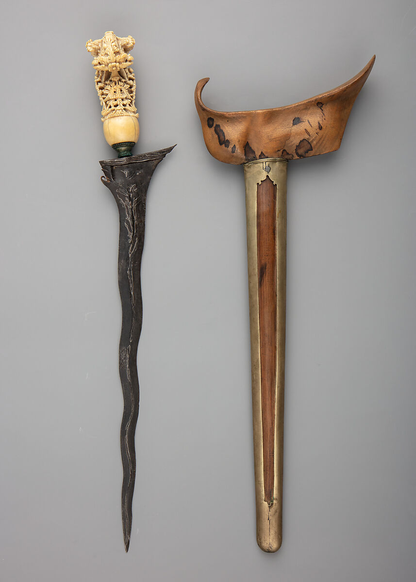 Kris with Sheath, Steel, pelet wood (possibly kajoe), ivory (elephant), copper alloy, Madurese 
