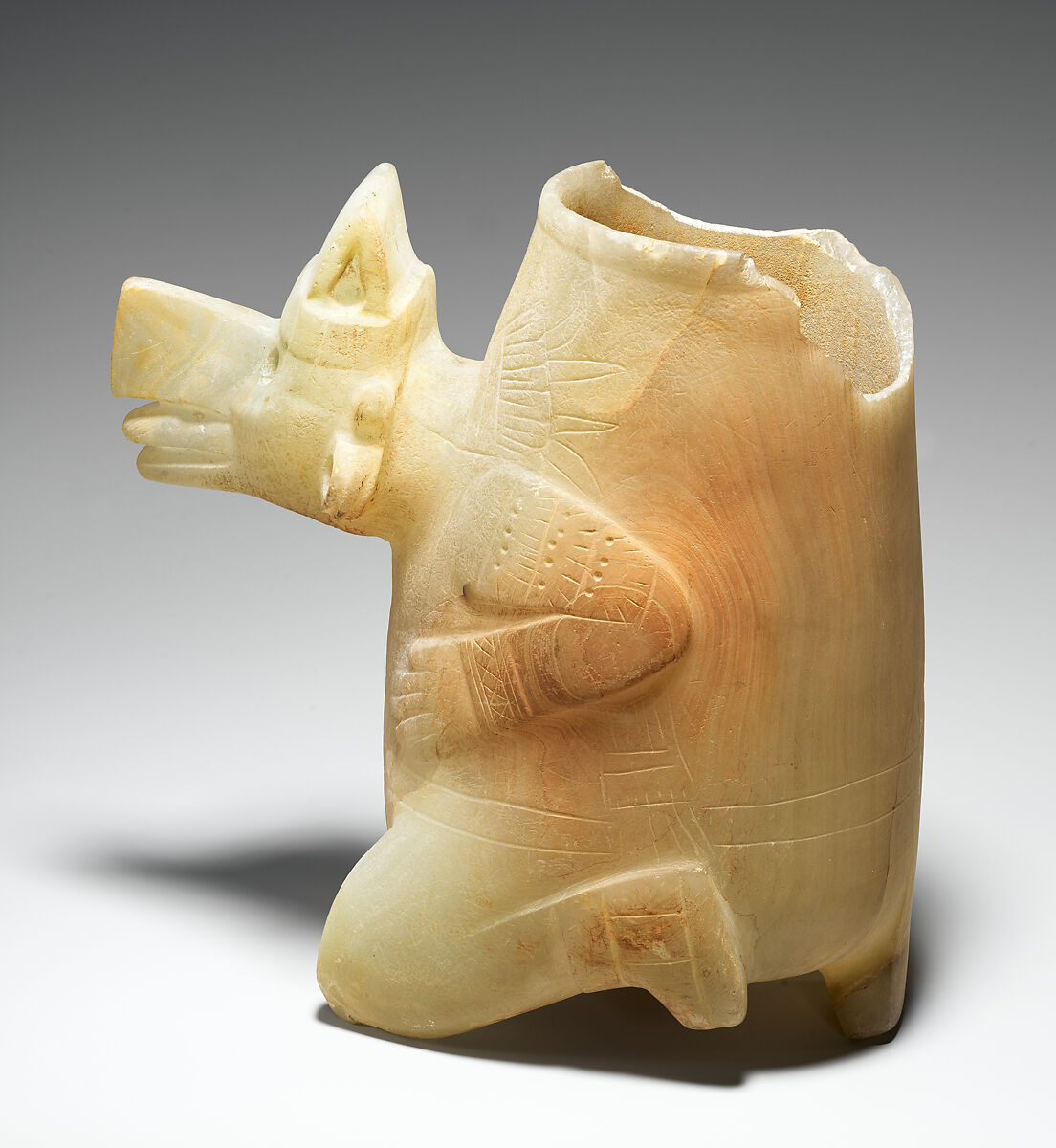 Ehecatl (wind deity) vessel, Mixtec (Ñuu Savi) artists, Travertinef, Mixtec