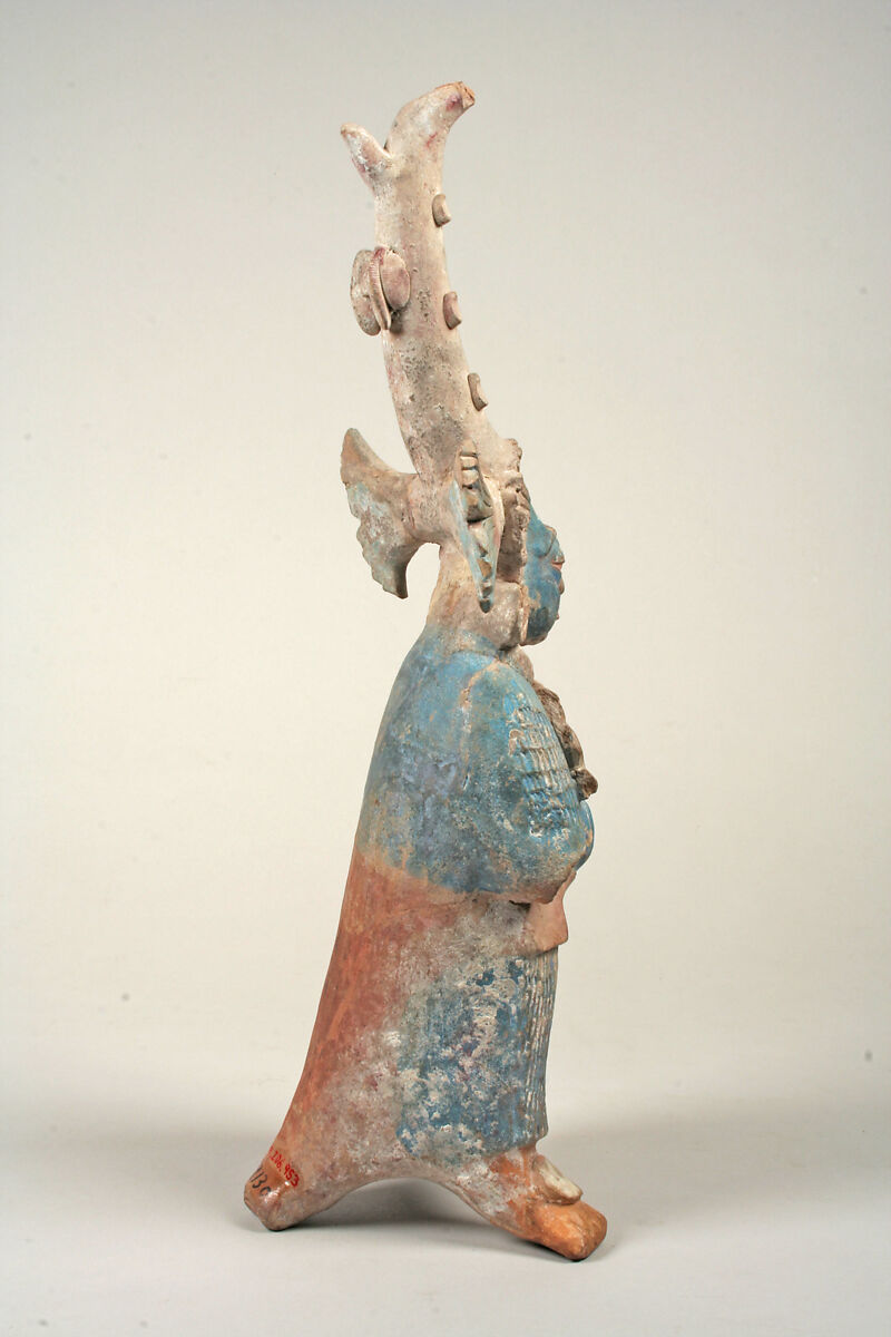 Figure with conical headdress and shield, Maya artist(s), Ceramic, pigment, Maya