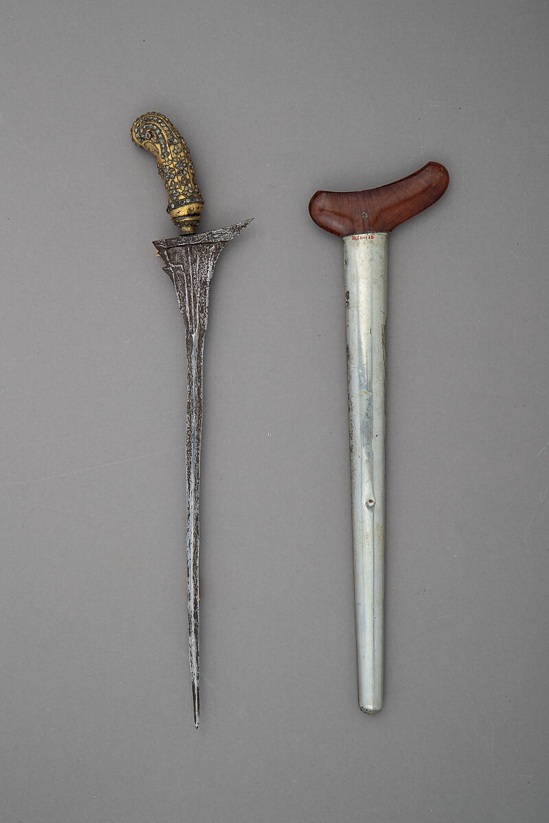 Kris with Sheath, Steel, wood, semiprecious stones, gold, silver, Bornean