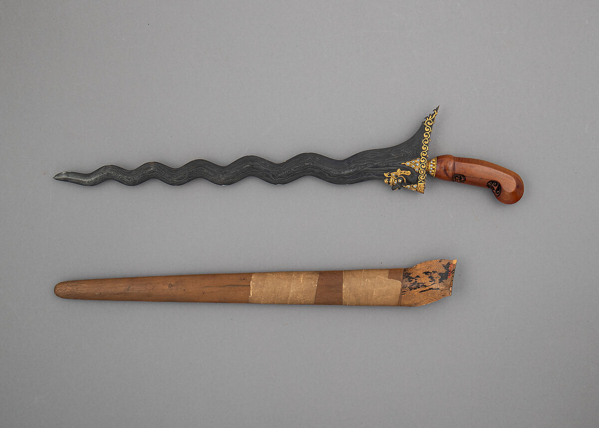 Kris with Sheath, Steel, wood, gold, diamonds, Javanese