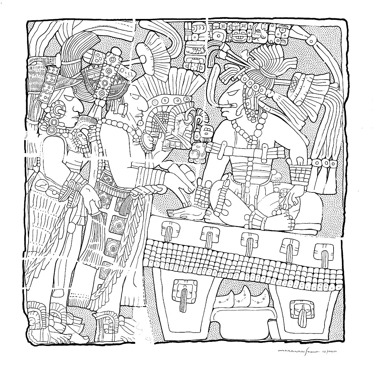 Relief with enthroned ruler, Chakalte' (Guatemalan or Mexican, active ca. 750–800 CE), Limestone, paint, Maya