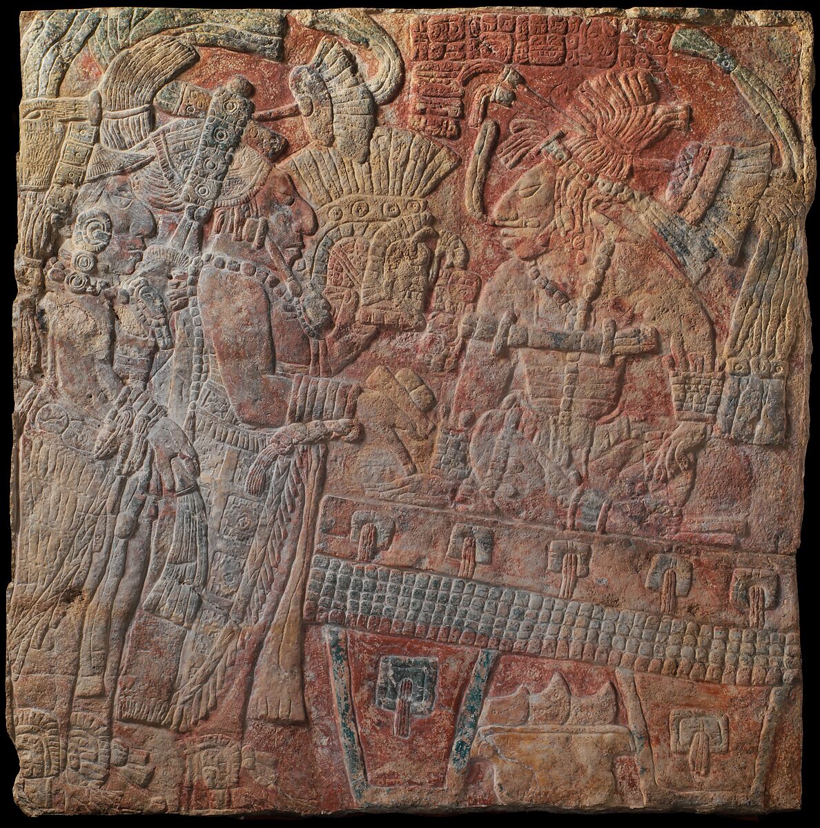Relief with Enthroned Ruler, Chakalte&#39; (Guatemalan or Mexican, active ca. 750–800 CE), Limestone, paint, Maya 