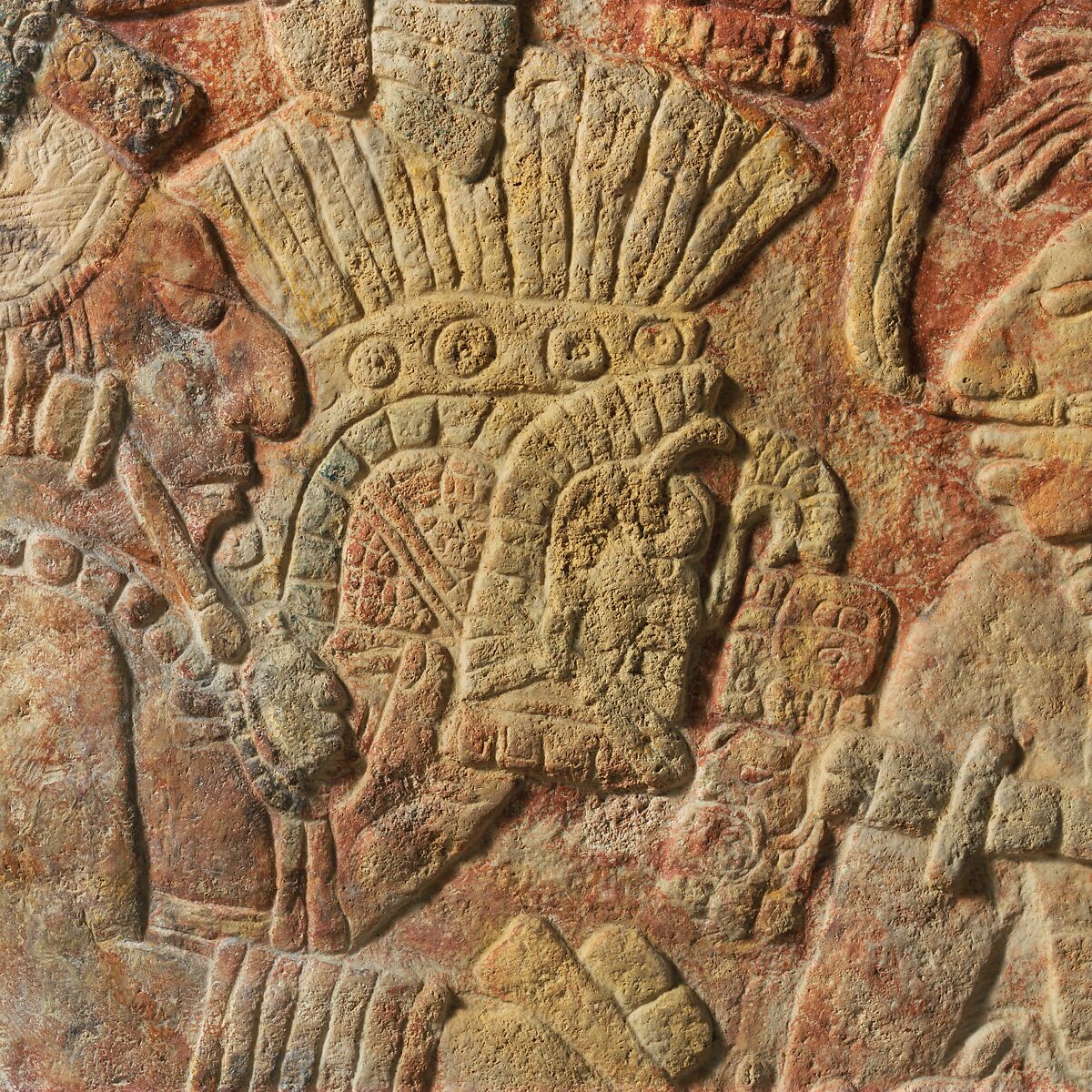 Relief with enthroned ruler, Chakalte' (Guatemalan or Mexican, active ca. 750–800 CE), Limestone, paint, Maya
