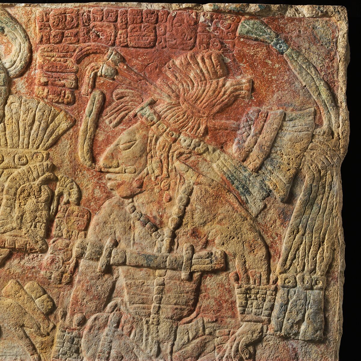 Relief with enthroned ruler, Chakalte' (Guatemalan or Mexican, active ca. 750–800 CE), Limestone, paint, Maya