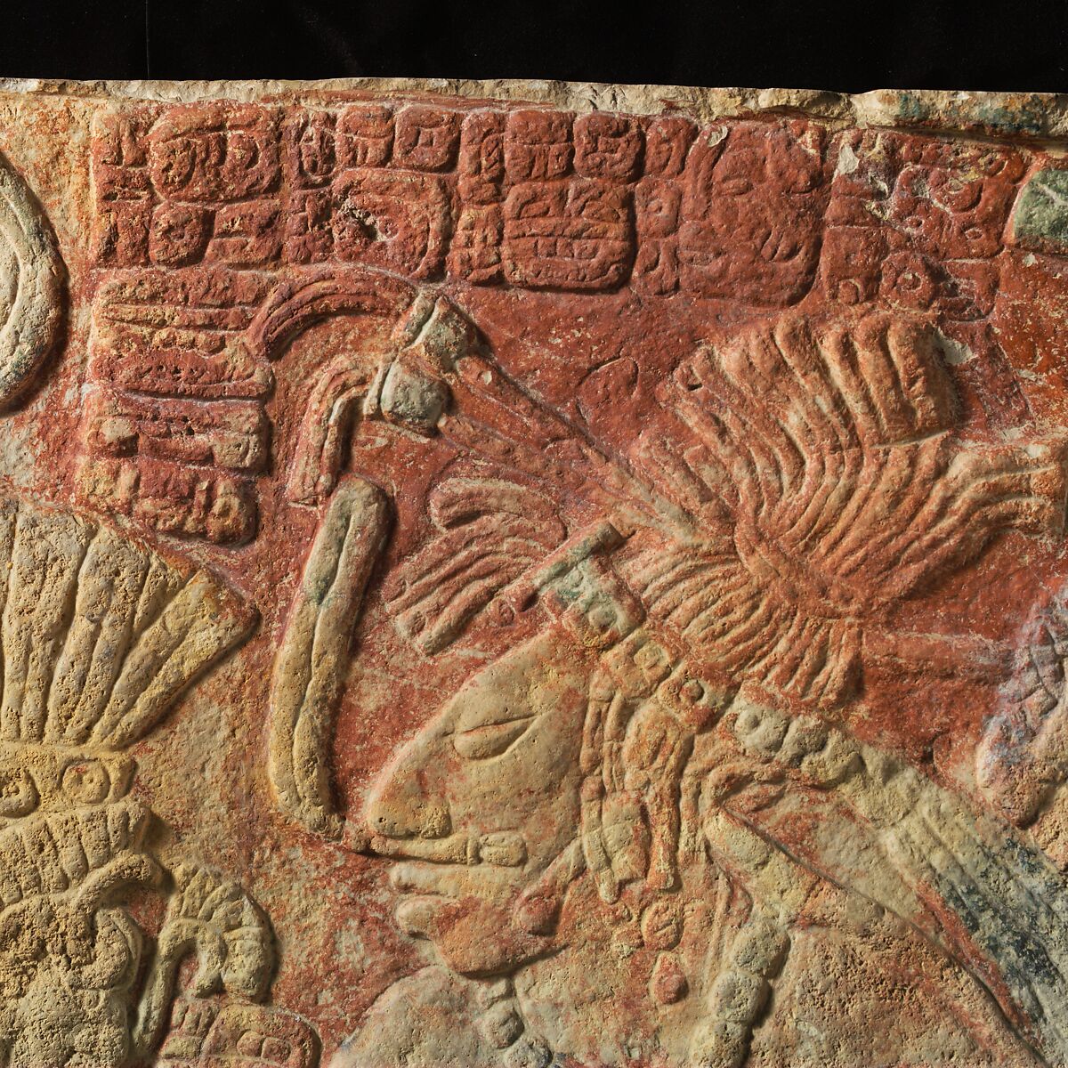 Relief with enthroned ruler, Chakalte' (Guatemalan or Mexican, active ca. 750–800 CE), Limestone, paint, Maya