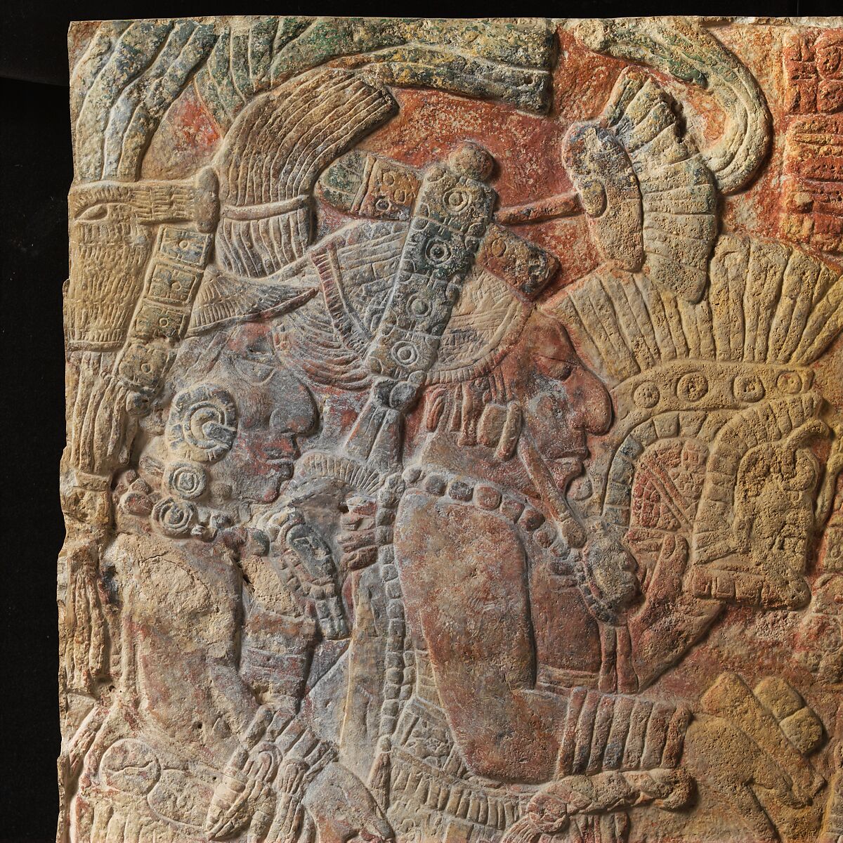 Relief with enthroned ruler, Chakalte' (Guatemalan or Mexican, active ca. 750–800 CE), Limestone, paint, Maya