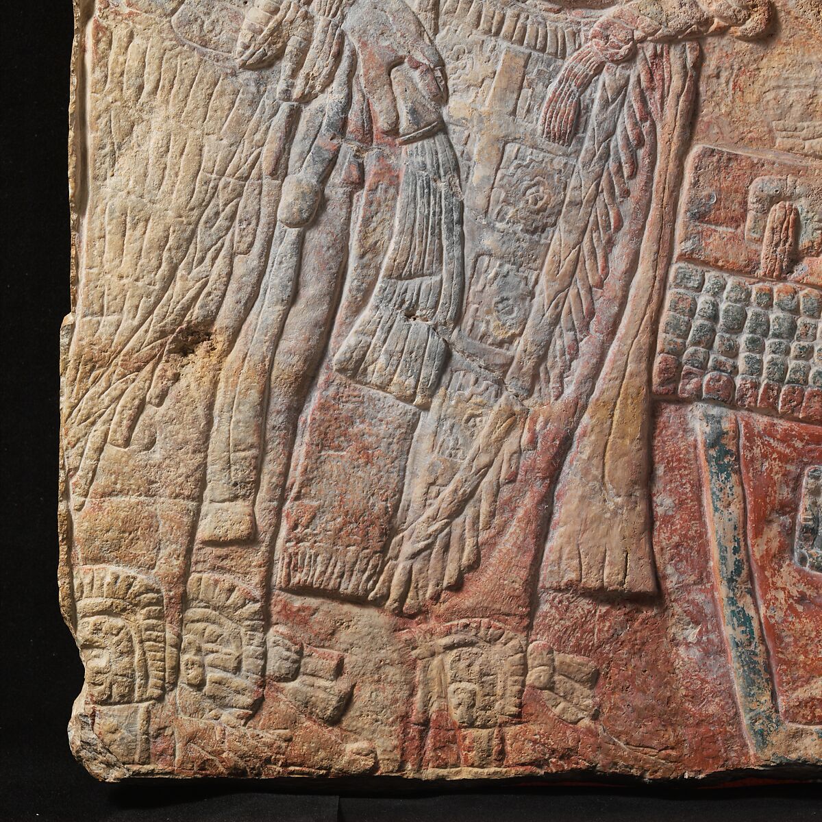 Relief with enthroned ruler, Chakalte' (Guatemalan or Mexican, active ca. 750–800 CE), Limestone, paint, Maya