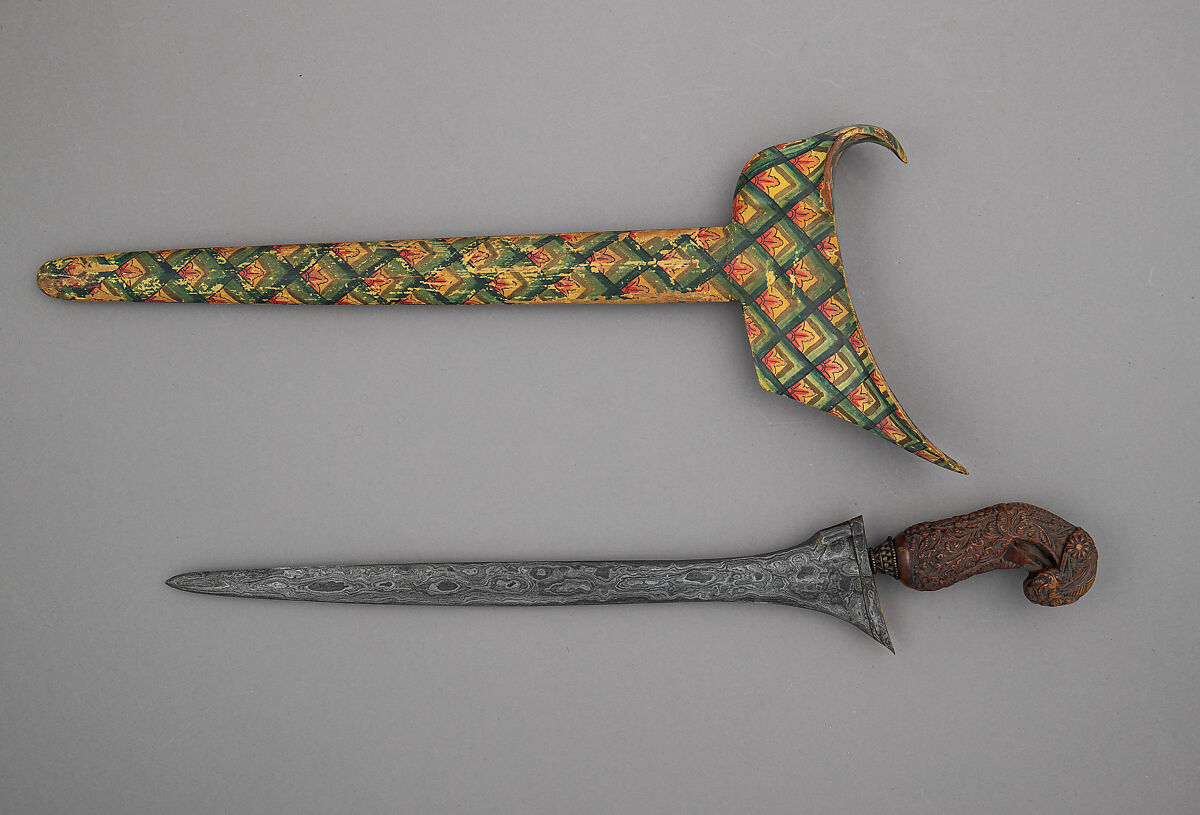 Kris with Sheath, Steel, wood, pigment, Javanese, grip, Mardura, scabbard, Central Jawa 