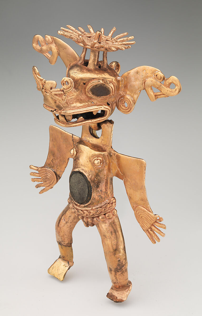 Crocodile-Head Figure Pendant, Gold (cast alloy), pyrite inlay, hematite, Chiriqui 