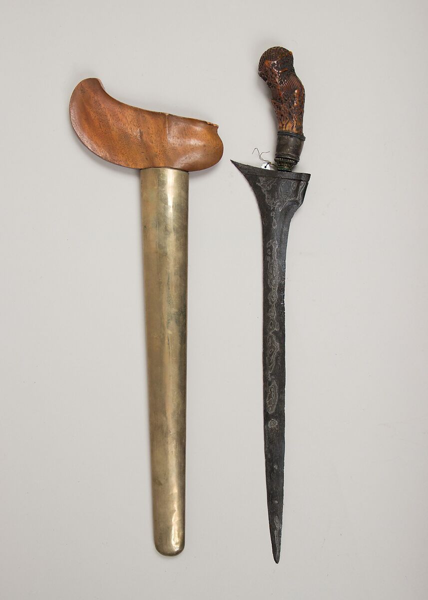 Kris with Sheath, Horn (stag), brass, tortoise shell, Javanese 