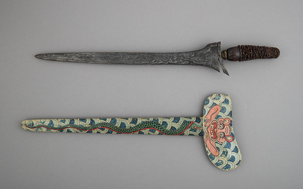 Kris with Sheath, Steel, wood, polychromy, gold, Javanese