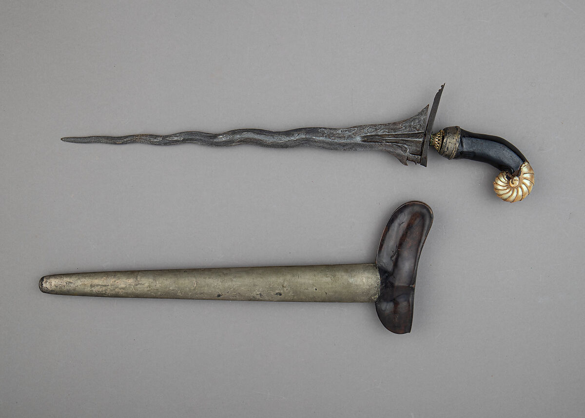 Kris with Sheath, Steel, wood, silver, shell, copper alloy, Javanese