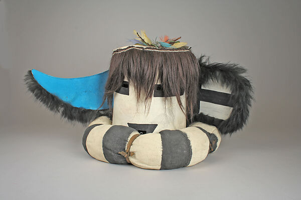 Rain Priest Mask, Leather, fur, feathers, paint, wood, cord, hair, Hopi 