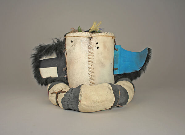 Rain Priest Mask, Leather, fur, feathers, paint, wood, cord, hair, Hopi