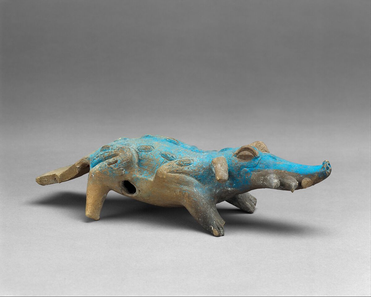 Crocodile whistle and rattle, Ceramic, pigment, Maya 