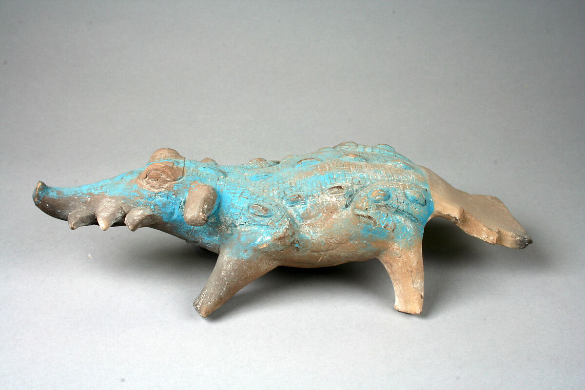 Crocodile whistle and rattle, Maya artist(s), Ceramic, Maya blue pigment, Maya