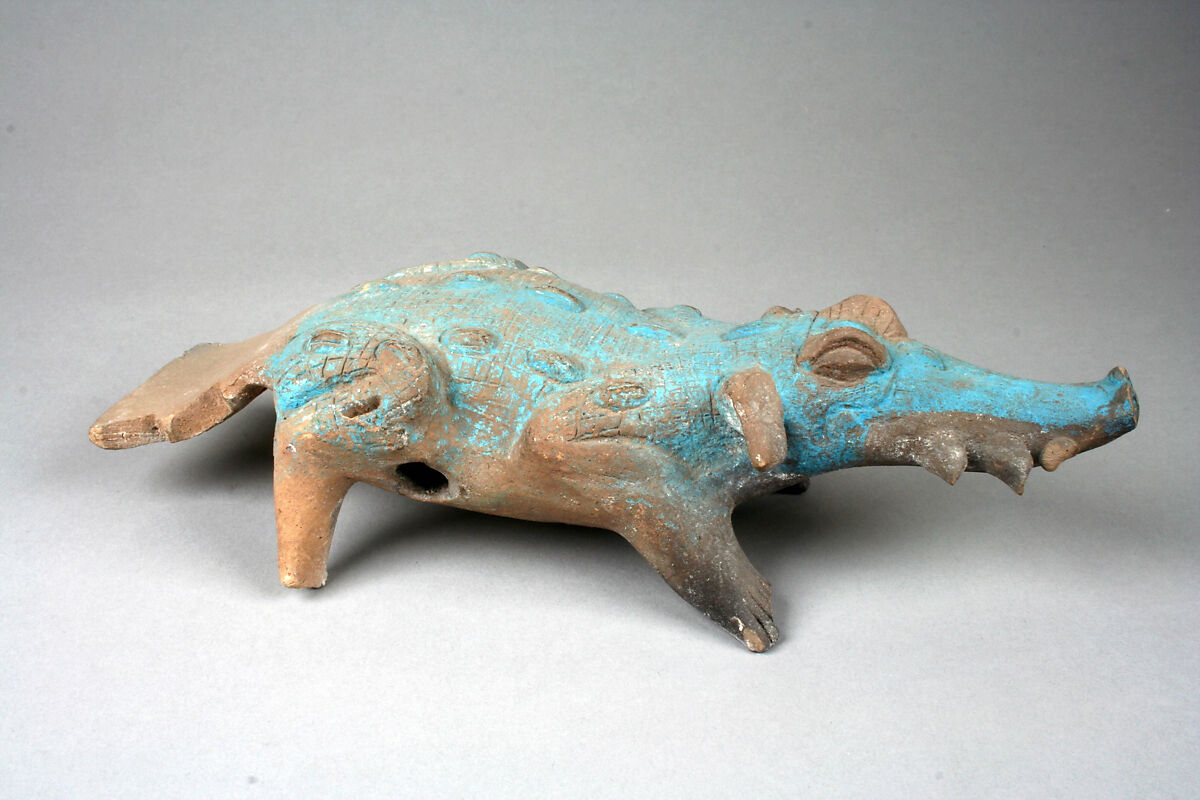 Crocodile whistle and rattle, Maya artist(s), Ceramic, Maya blue pigment, Maya