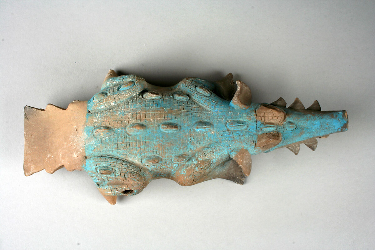 Crocodile whistle and rattle, Maya artist(s), Ceramic, Maya blue pigment, Maya
