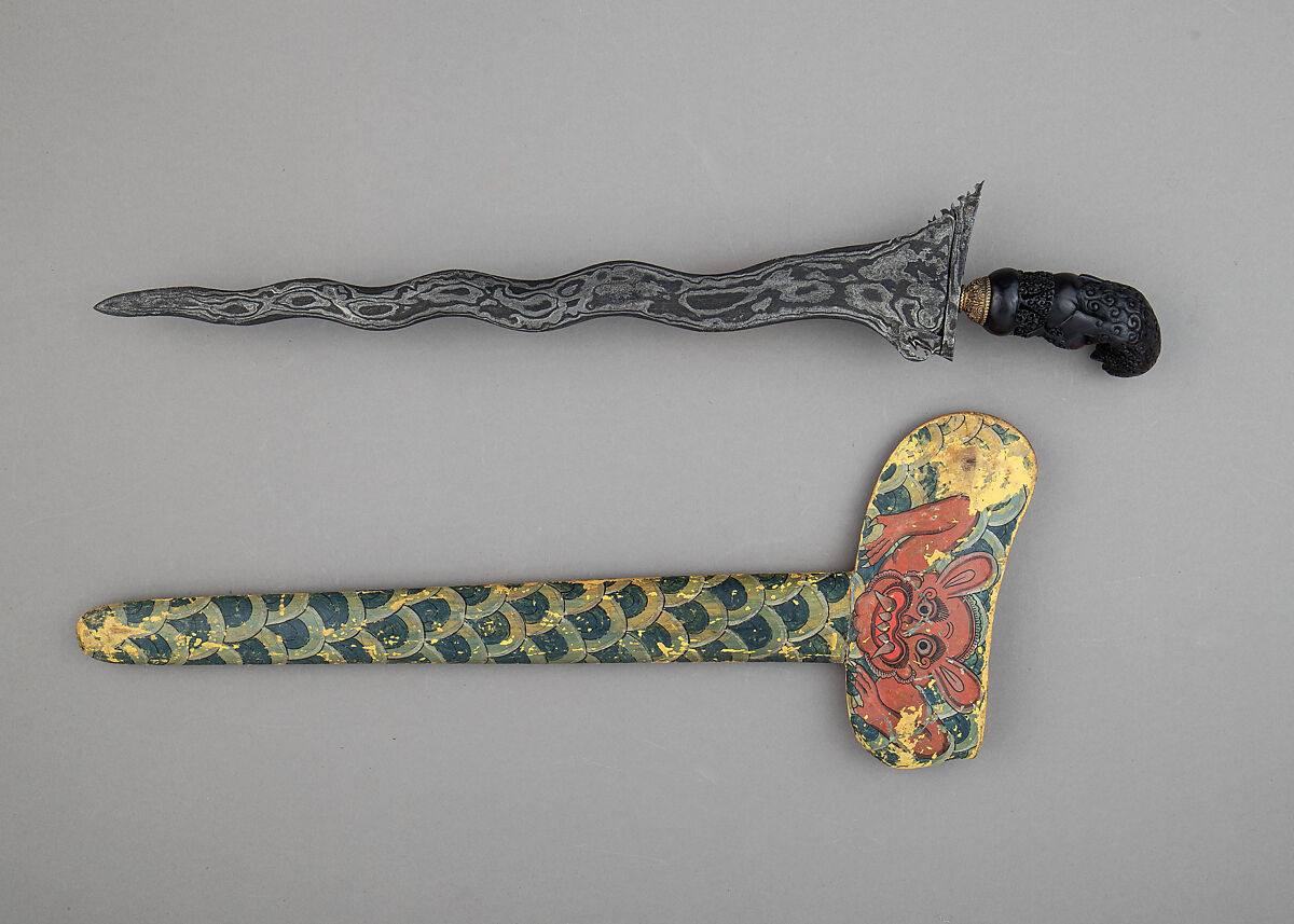 Kris with Sheath, Steel, wood, brass, polychromy, Javanese; grip, Cirebon