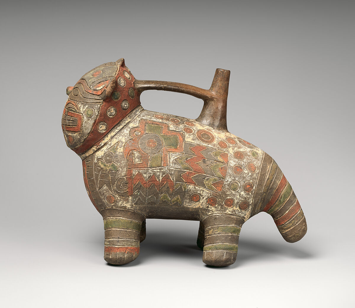 Feline-shaped spout-and-bridge bottle, Paracas artist(s), Ceramic, post-fire paint, Paracas