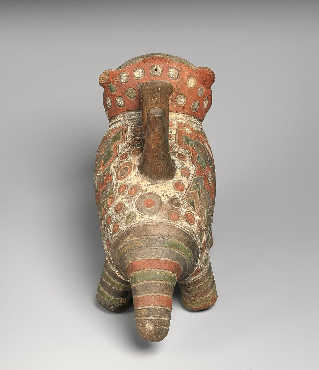 Feline-shaped spout-and-bridge bottle, Paracas artist(s), Ceramic, post-fire paint, Paracas