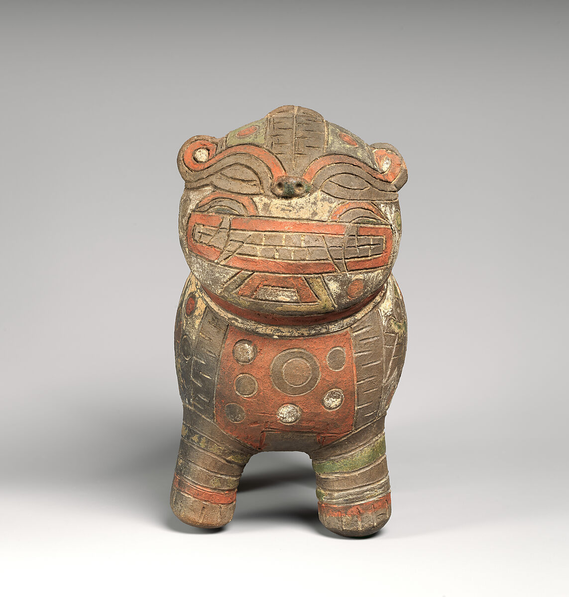 Feline-shaped spout-and-bridge bottle, Paracas artist(s), Ceramic, post-fire paint, Paracas