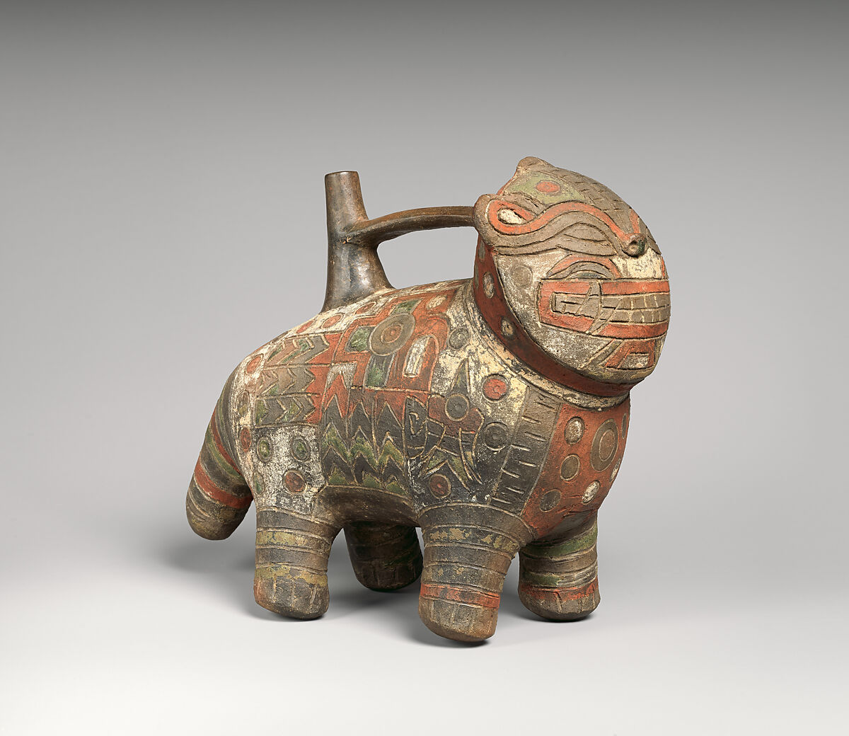 Feline-shaped spout-and-bridge bottle, Paracas artist(s), Ceramic, post-fire paint, Paracas 