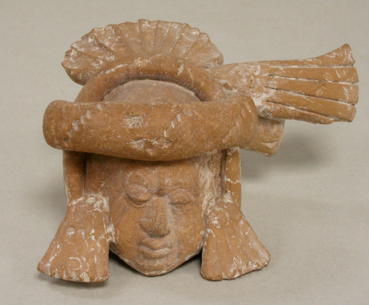 Figure with Helmet Mask, Ceramic, pigment, Maya