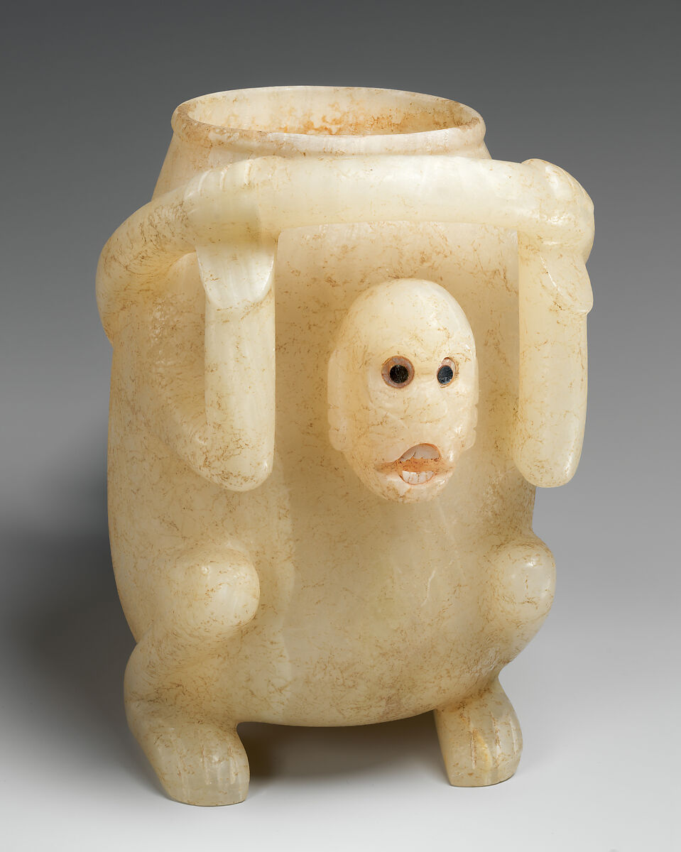 Monkey Vessel, Onyx marble, pyrite, shell, Mixtec 