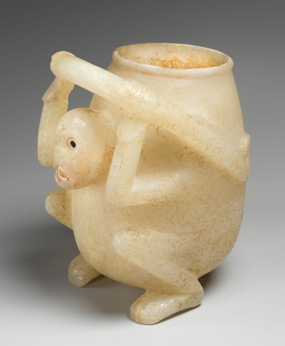 Monkey vessel, Mixtec (Ñuu Savi) artists, travertine, pyrite, shell, Mixtec
