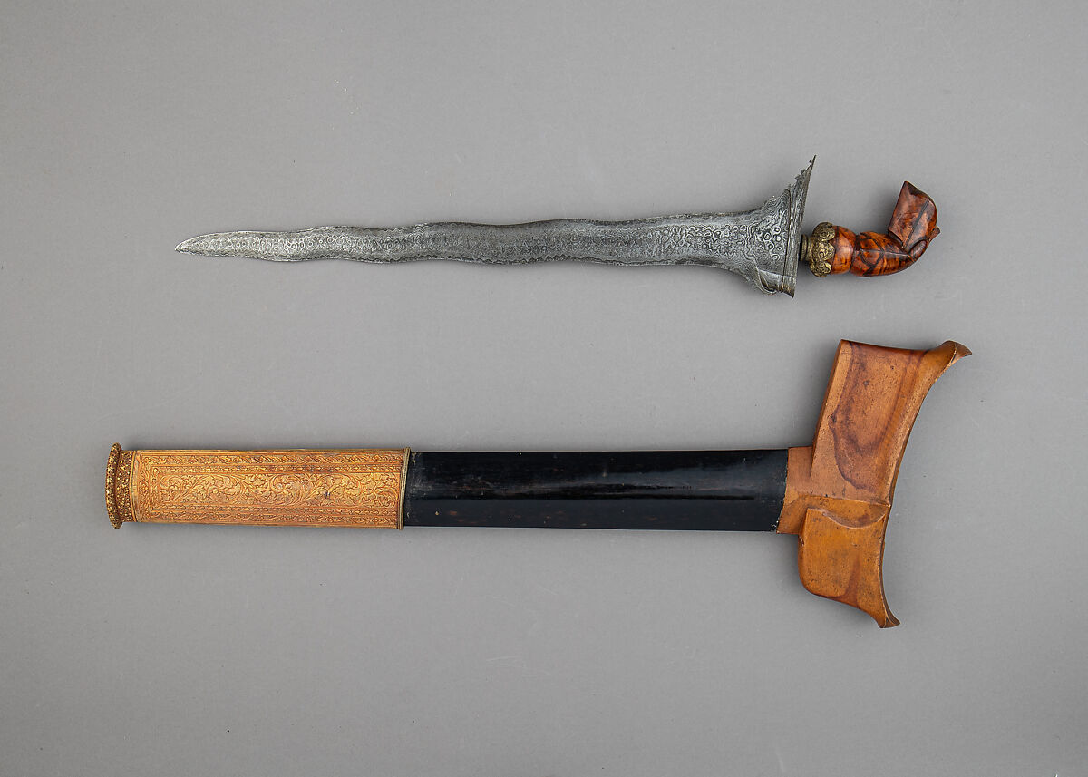 Kris with Sheath, Steel, wood, brass, gold, diamond, pigment, Central Sumatran
