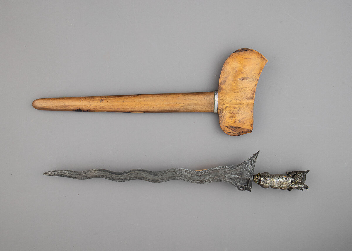 Kris with Sheath, Steel, pelet wood (possibly kajoe), silver, Balinese
