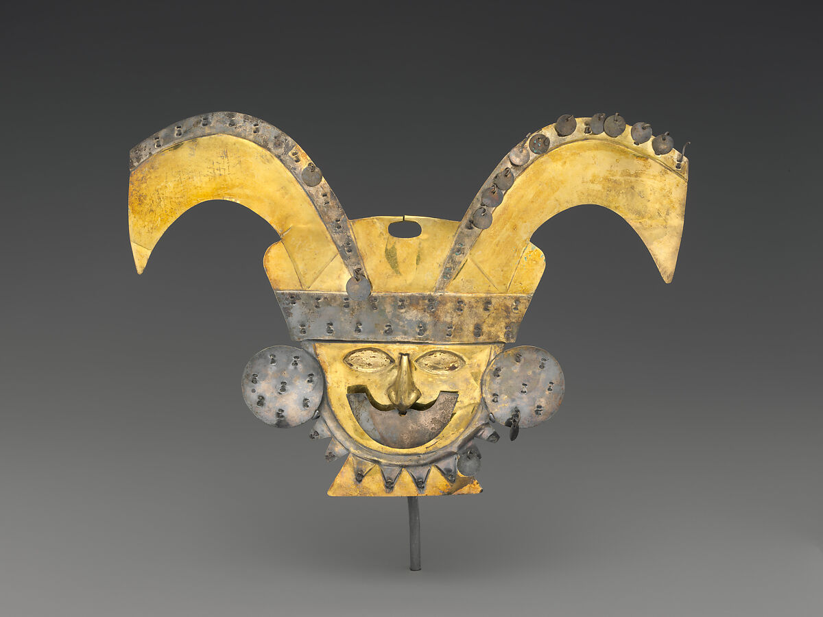 Nose Ornament, Turbaned Head, Gold (partially silvered), silver, Moche 