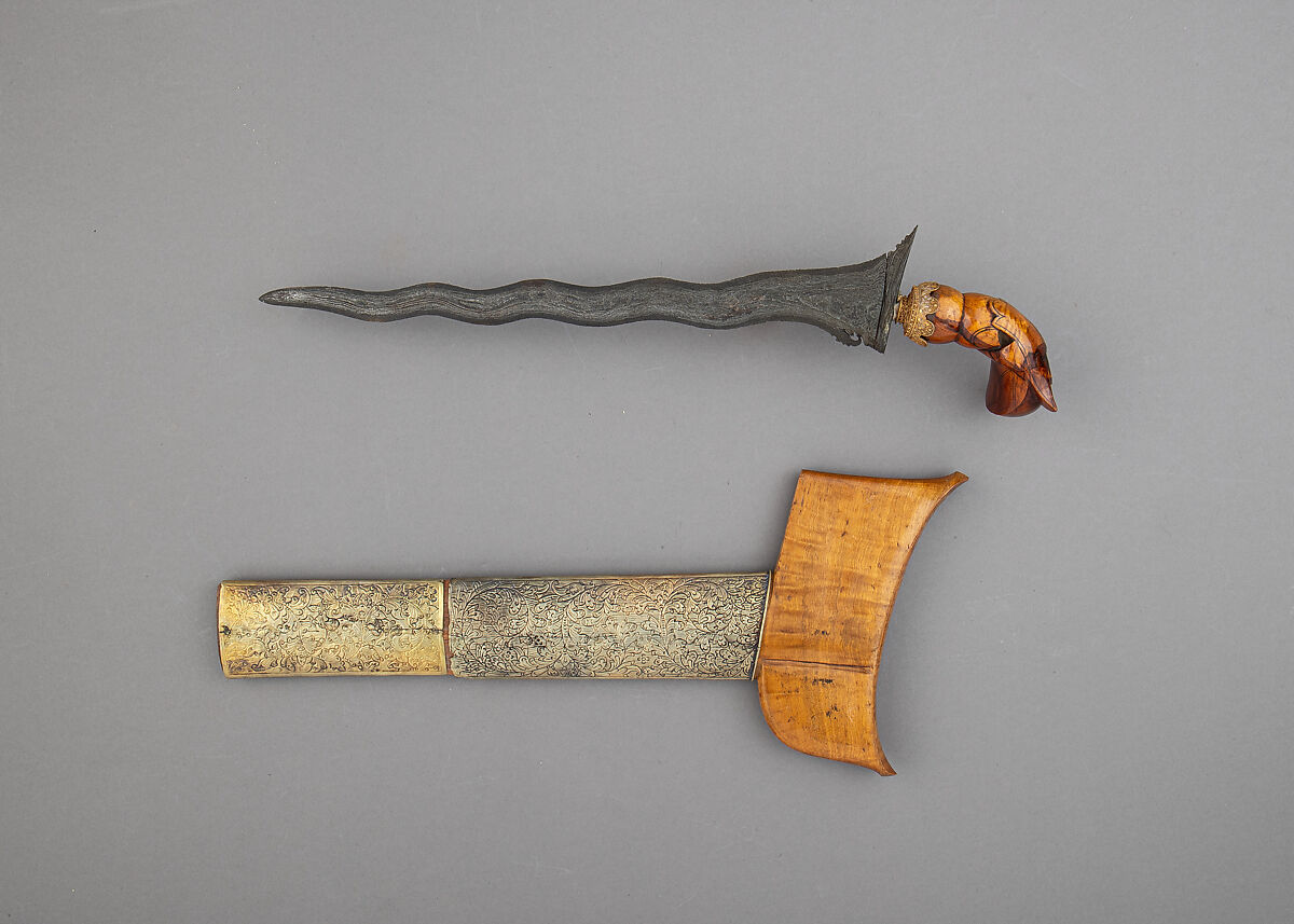Kris with Sheath, Steel, wood, gold, copper alloy, Indonesian, Sulawesi
