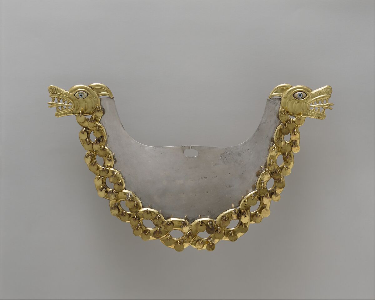 Nose Ornament with Intertwined Serpents, Gold, silver; eyes restored, Moche 