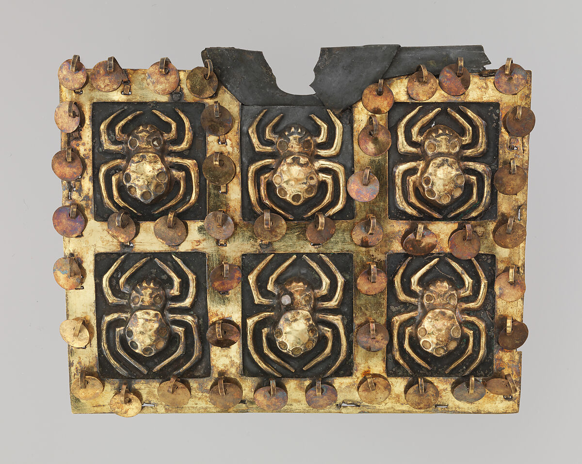 Nose ornament with spiders, Moche artist(s), Gold, silver, shell, stone, Moche 