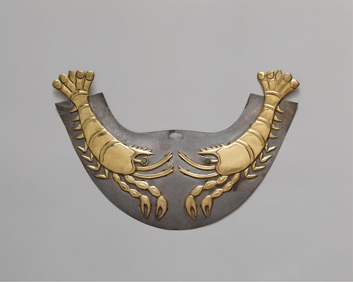 Nose Ornament with Shrimp, Gold, silver, stone, Moche