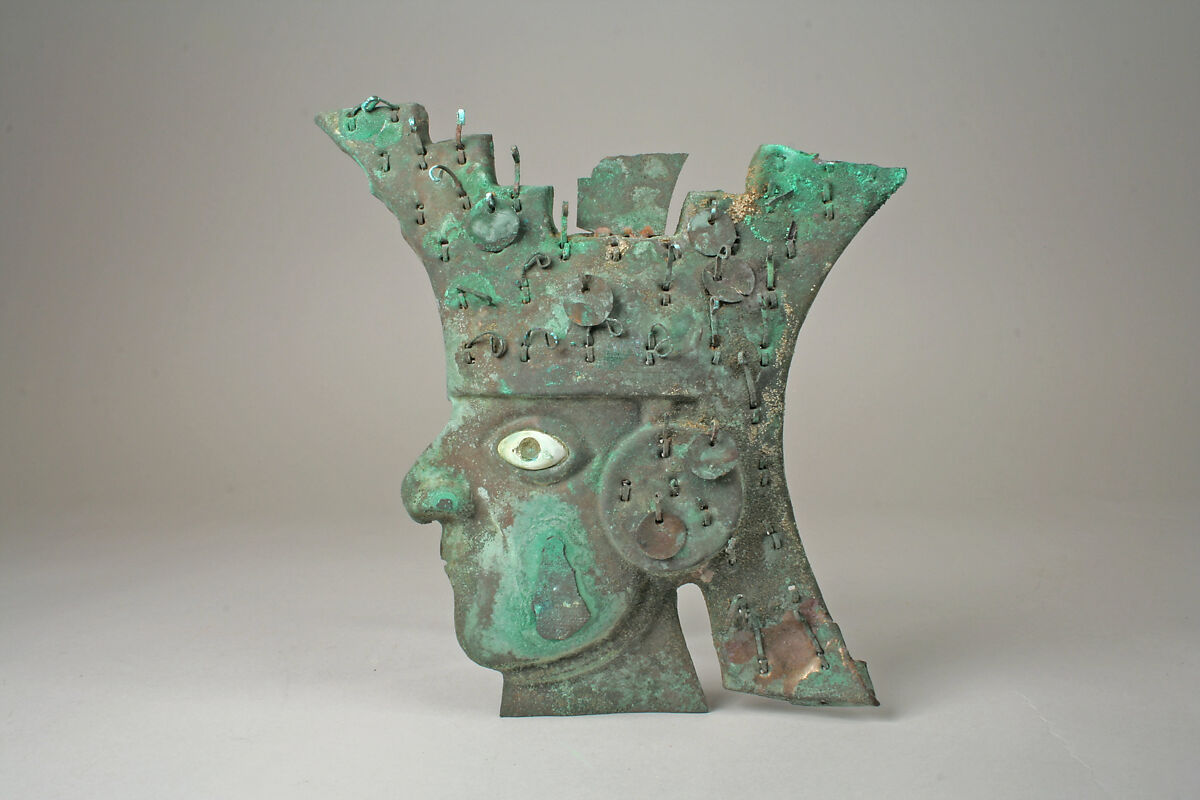 Profile Face, Silvered copper, shell, stone, Moche 