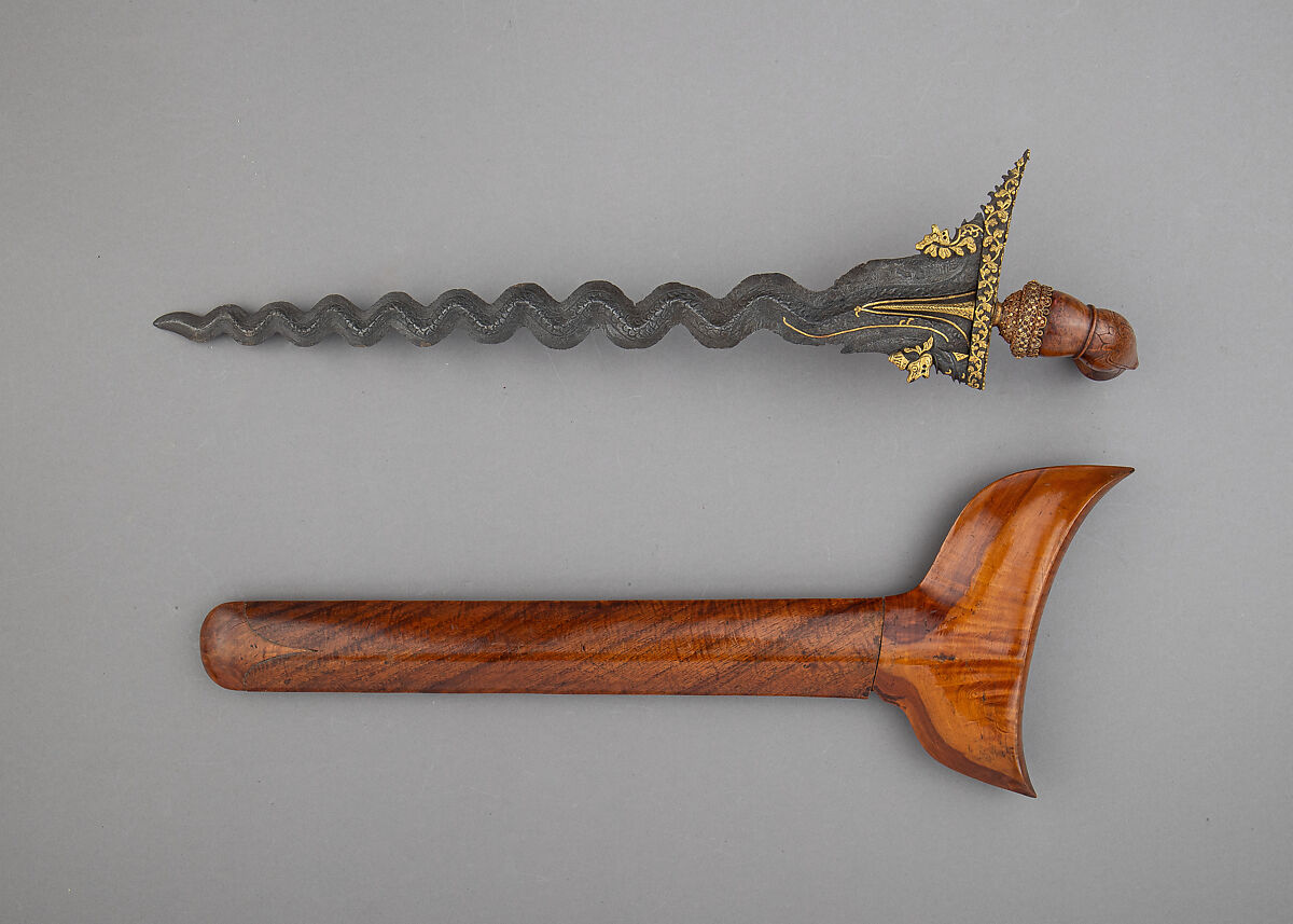 Kris with Sheath, Steel, wood, gold, copper alloy, Indonesian, Sulawesi