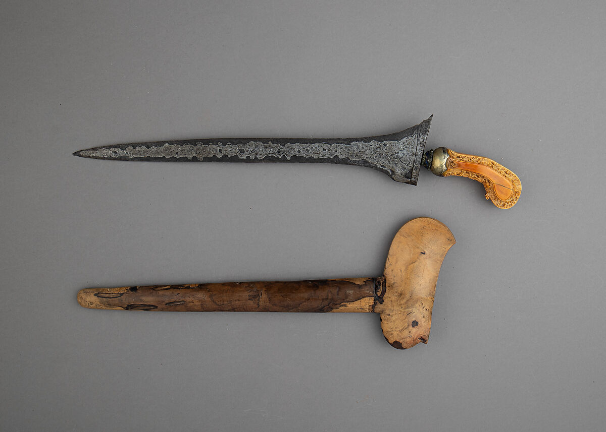 Kris with Sheath, Steel, pelet wood (possibly kajoe), ivory, copper alloy, Javanese