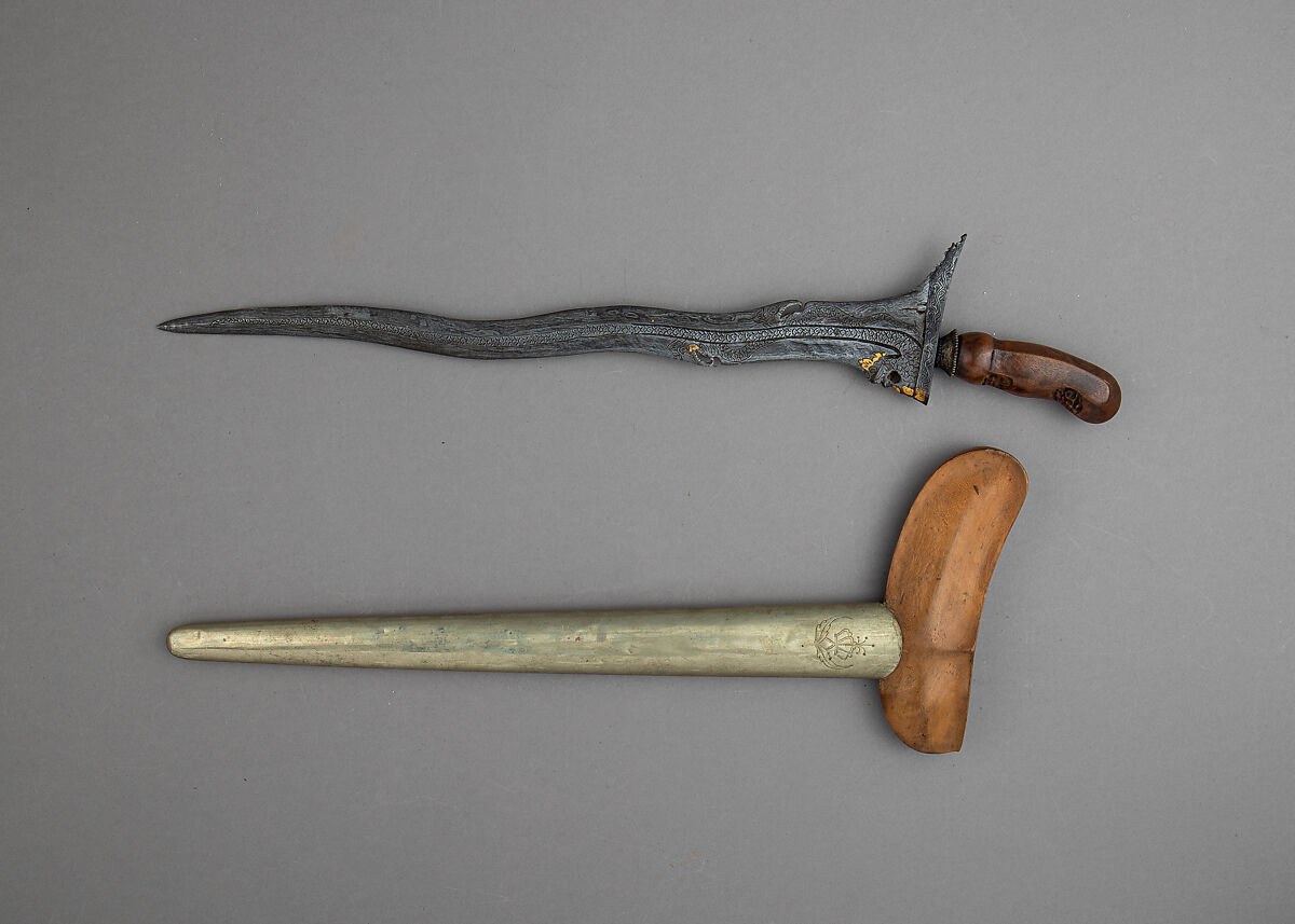 Kris with Sheath, Steel, wood, brass, gold, Javanese