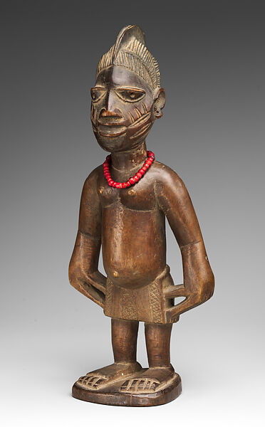 Twin Figure: Male (Ibeji), Workshop of Onipasinobe (Nigerian, Yoruba, Egbado or Ibarapa or Egba group), Wood, beads, camwood powder