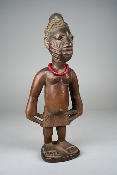 Twin Figure: Male (Ibeji), Workshop of Onipasinobe (Nigerian, Yoruba, Egbado or Ibarapa or Egba group), Wood, beads, camwood powder