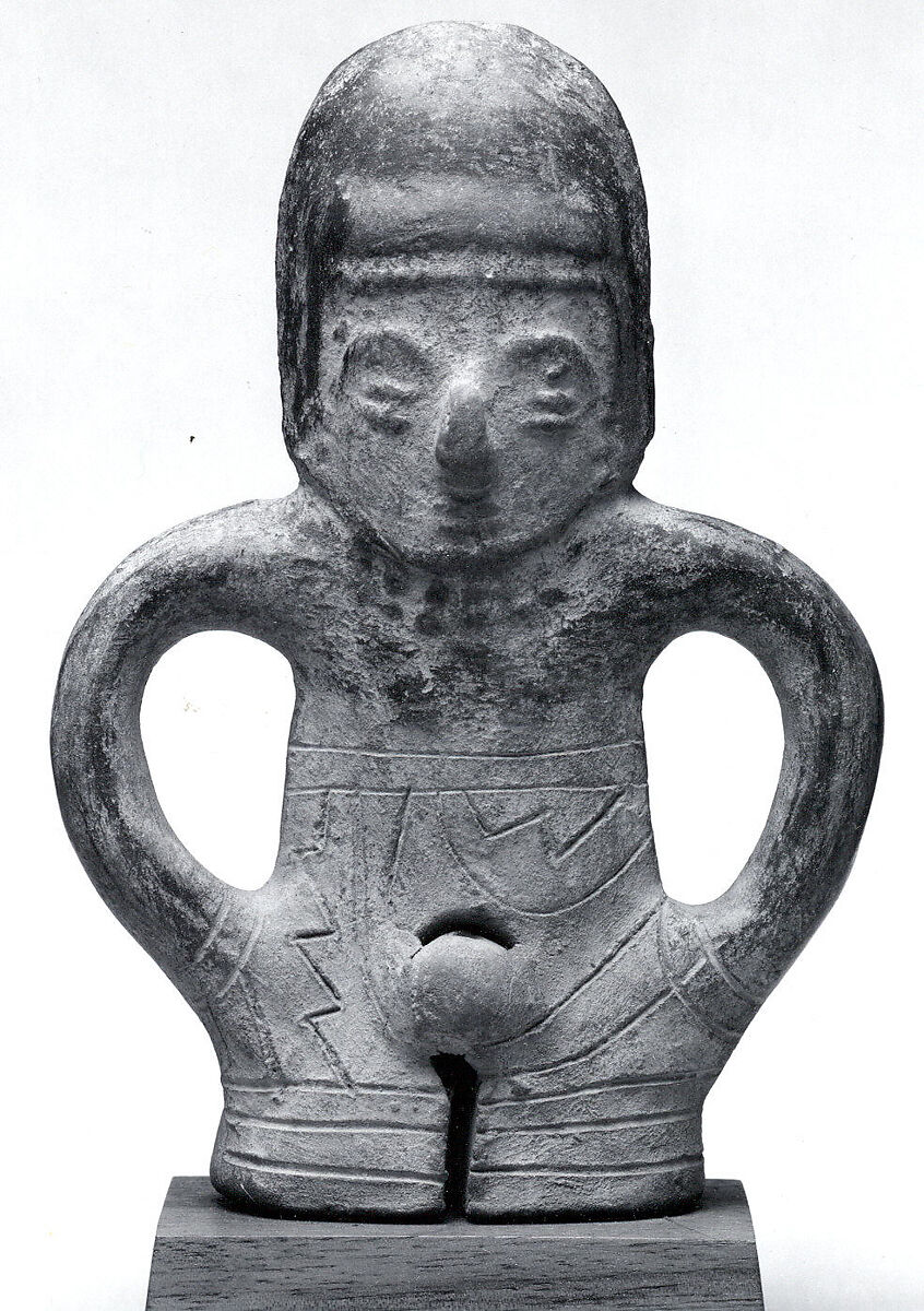Ceramic Whistle in the Form of a Standing Figure, Ceramic, pigment, Chorrera or Bahia 