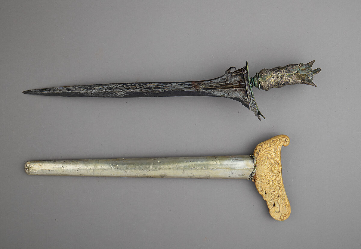 Kris with Sheath, Steel, silver, bone, copper alloy, Balinese, scabbard, Madurese