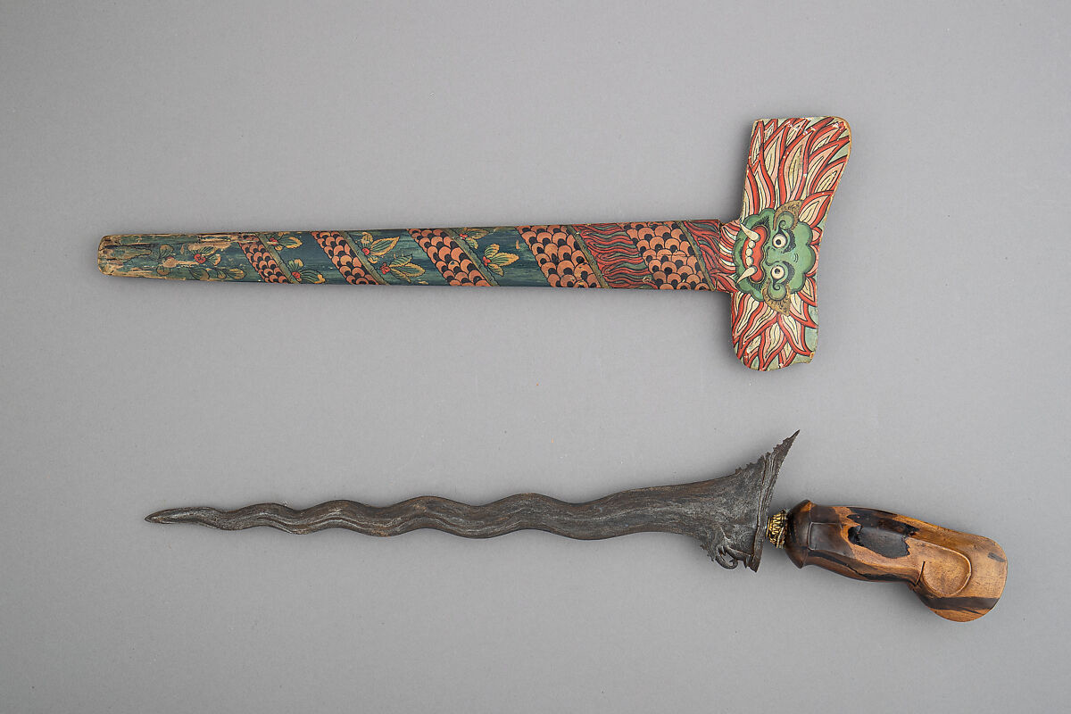 Kris with Sheath, Steel, pelet wood (possibly kajoe), brass, polychromy, Balinese